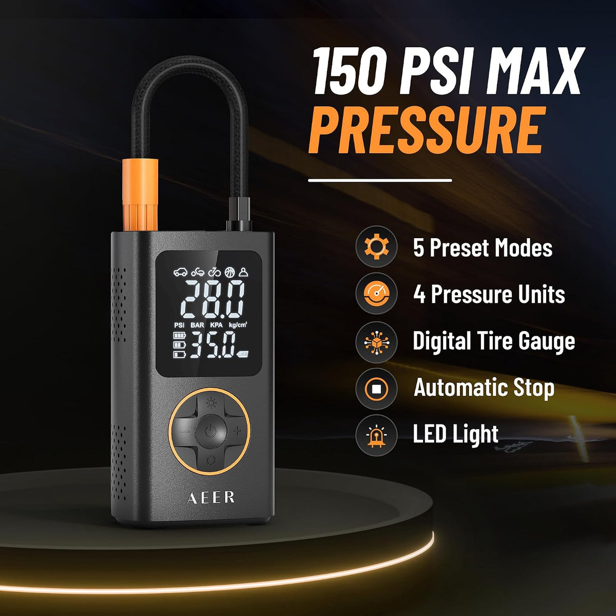 Tire Inflator 150PSI Cordless Air Pump Digital Gauge Car