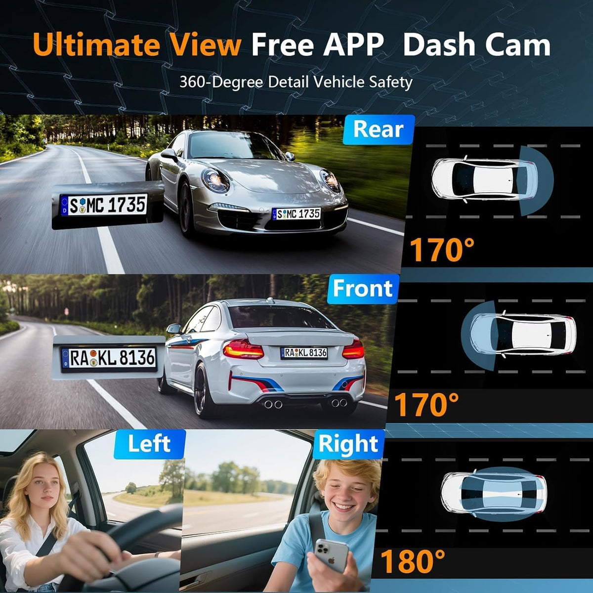 4 Channel Dash Cam, 360 Dash Camera for Cars, 2K Front + 1080P Rear/Left/Right Camera, Built-in WiFi, APP Control，G-Sensor, Super Night Vision, 24/7 Recording Parking Mode Monitor, Free 32G SD Card