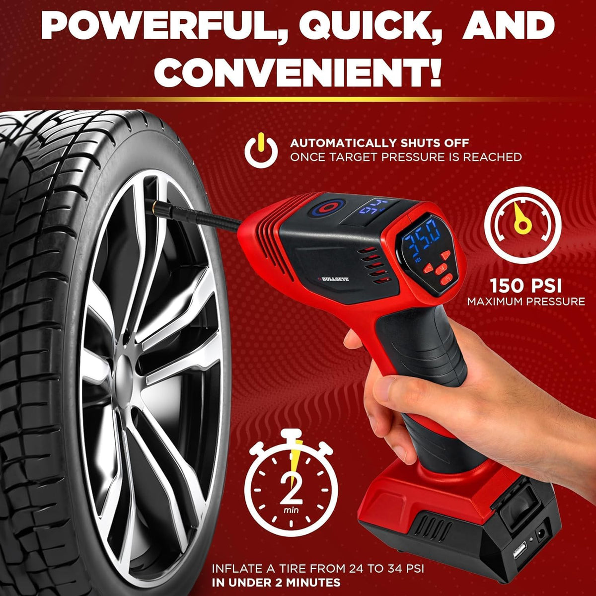 Bullseye Pro Automatic Digital Tire Inflator 150 PSI Max w/Gauge Display Screen & Pre-Set Pressure in KPA, PSI, BAR, kg/cm, Built-in LED Lights, Rechargeable, Air Compressor, Car Tire Pump Set of 2