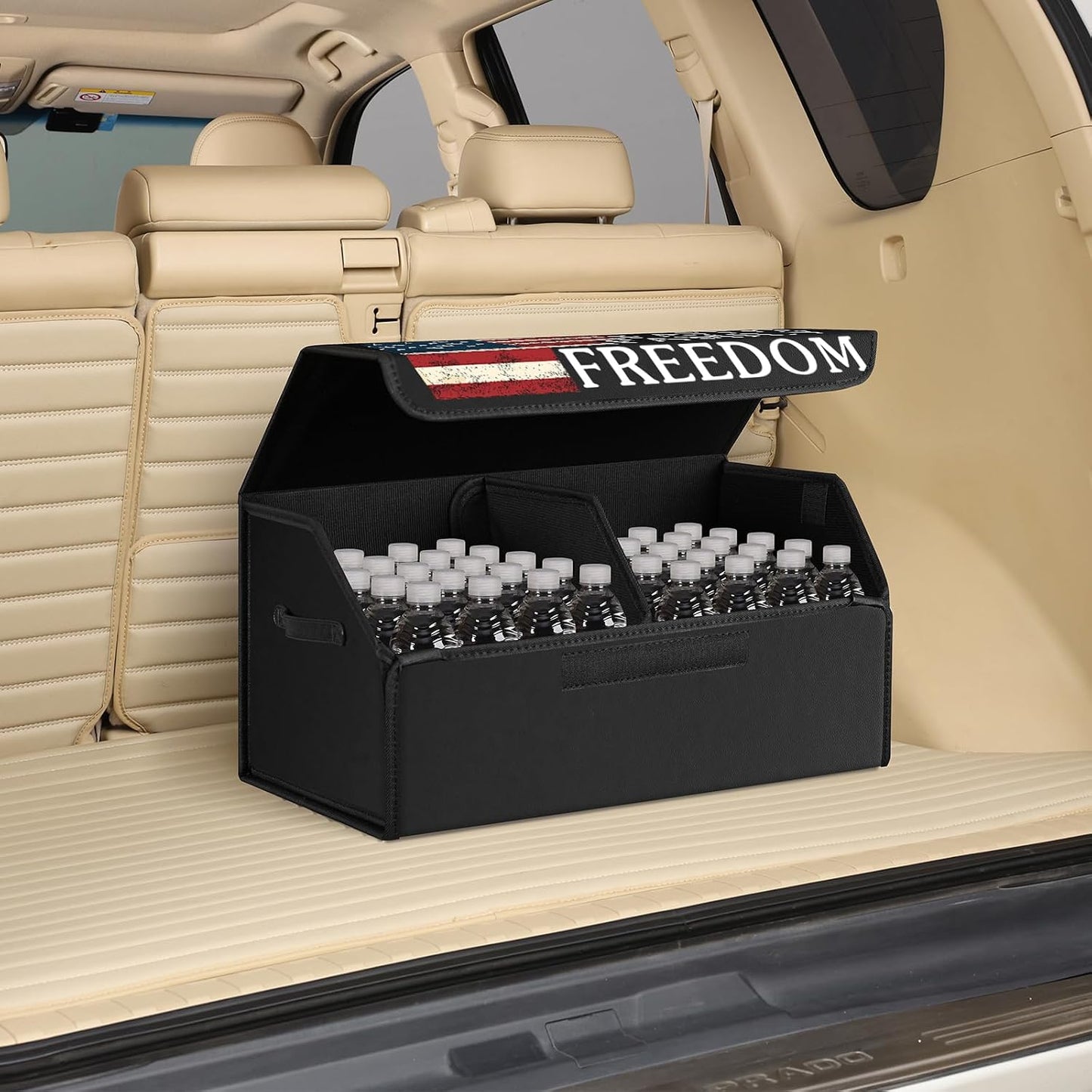Car Trunk Organizer with Lid, Vintage American Flag USA Print Collapsible Storage Box, Waterproof PU Leather Car Cargo Storage Bin with Handle, Auto Interior Accessories for SUV Truck Vehicle