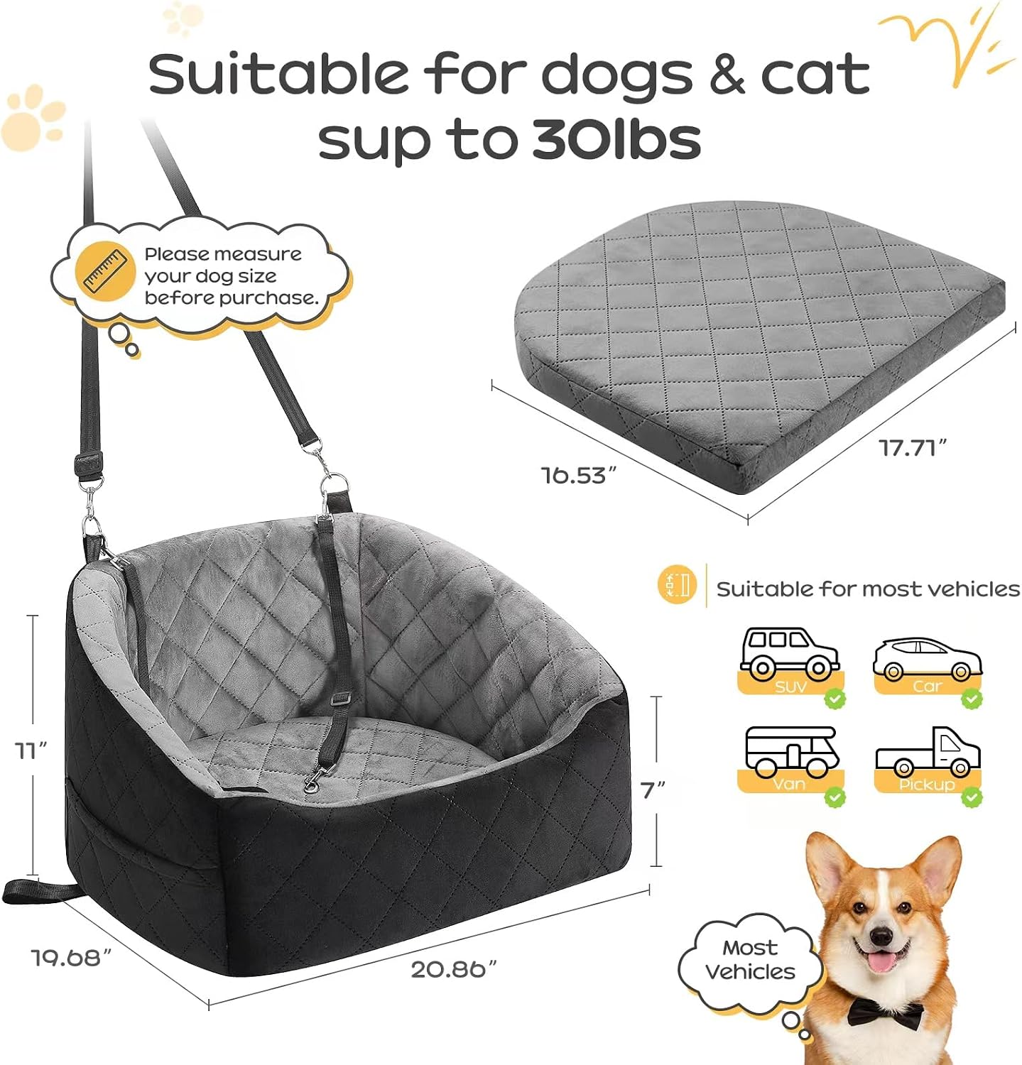 Dog Car Seat for Small Dogs Up to 30 Lbs, Pet Travel Safety Bed for Puppy Cat, Fits in Front/Back Seat, Anti Slip Base, Fully Detachable Washable with 2 Safety Tether(Grey-Black)