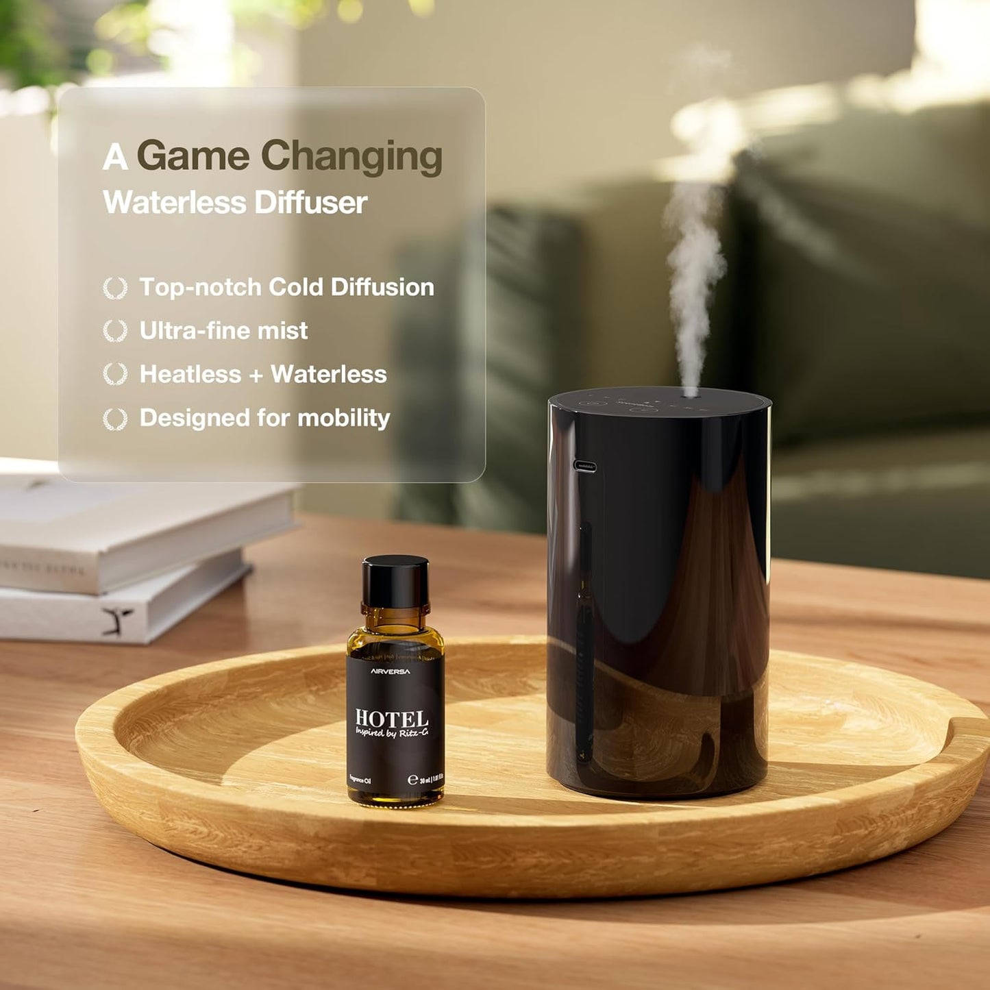 Waterless Essential Oil Diffuser for Home, Cordless Rechargeable Aromatherapy Scent Air Diffuser with 1/3/6H Countdown Timers or Timer-Off, L/M/H Mist Levels for Car Room Hotel Office, White