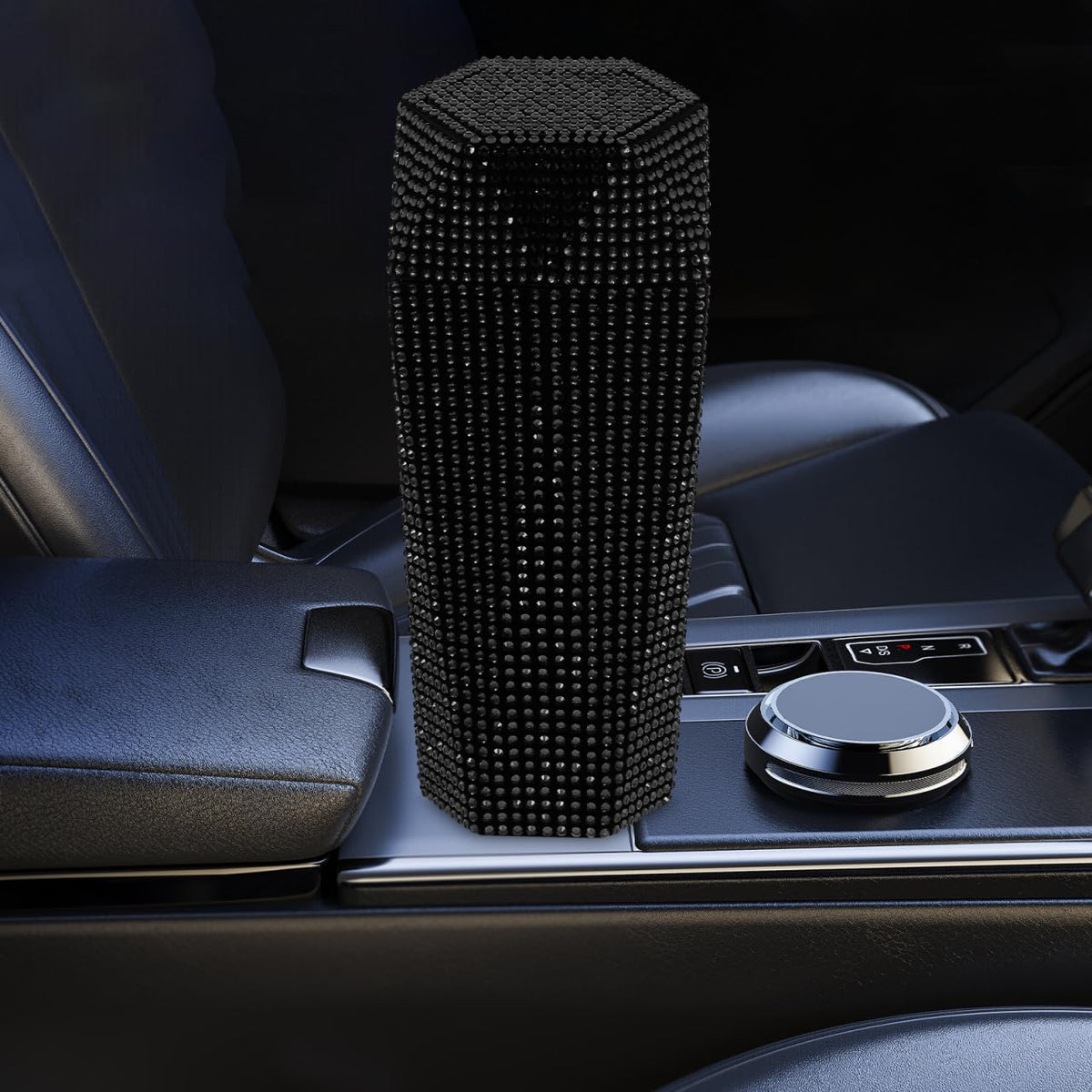iplusmile Bling Car Trash Can with Lid – 3.2 in Black Rhinestone Sparkle, Leak-Proof Cup Holder Bin, Odor-Seal Mini Garbage Container for Women, Girls, Car Interior & Vanity Desk