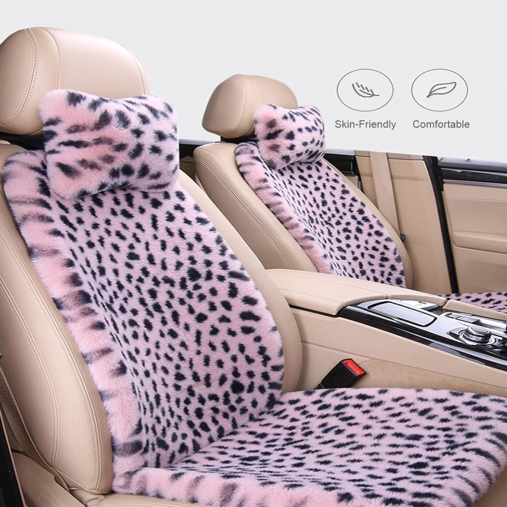 6PC Plush Leopard Car Front Seat Cover for Women, Non-Slip Automotive Seat Covers with 2 Neck Pillows, Universal Fit for Car Truck SUV Interior Cover, Fluffy Car Seat Cushion, Purple