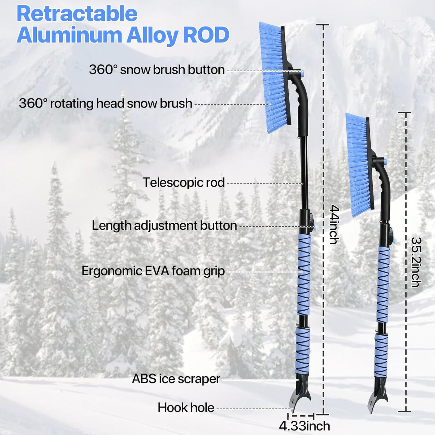 44" Snow Brush and Ice Scrapers Detachable, 360° Pivoting Soft Bristle Head,Foam Grip, for Car,Trucks,or SUV Window & Windshield Tool