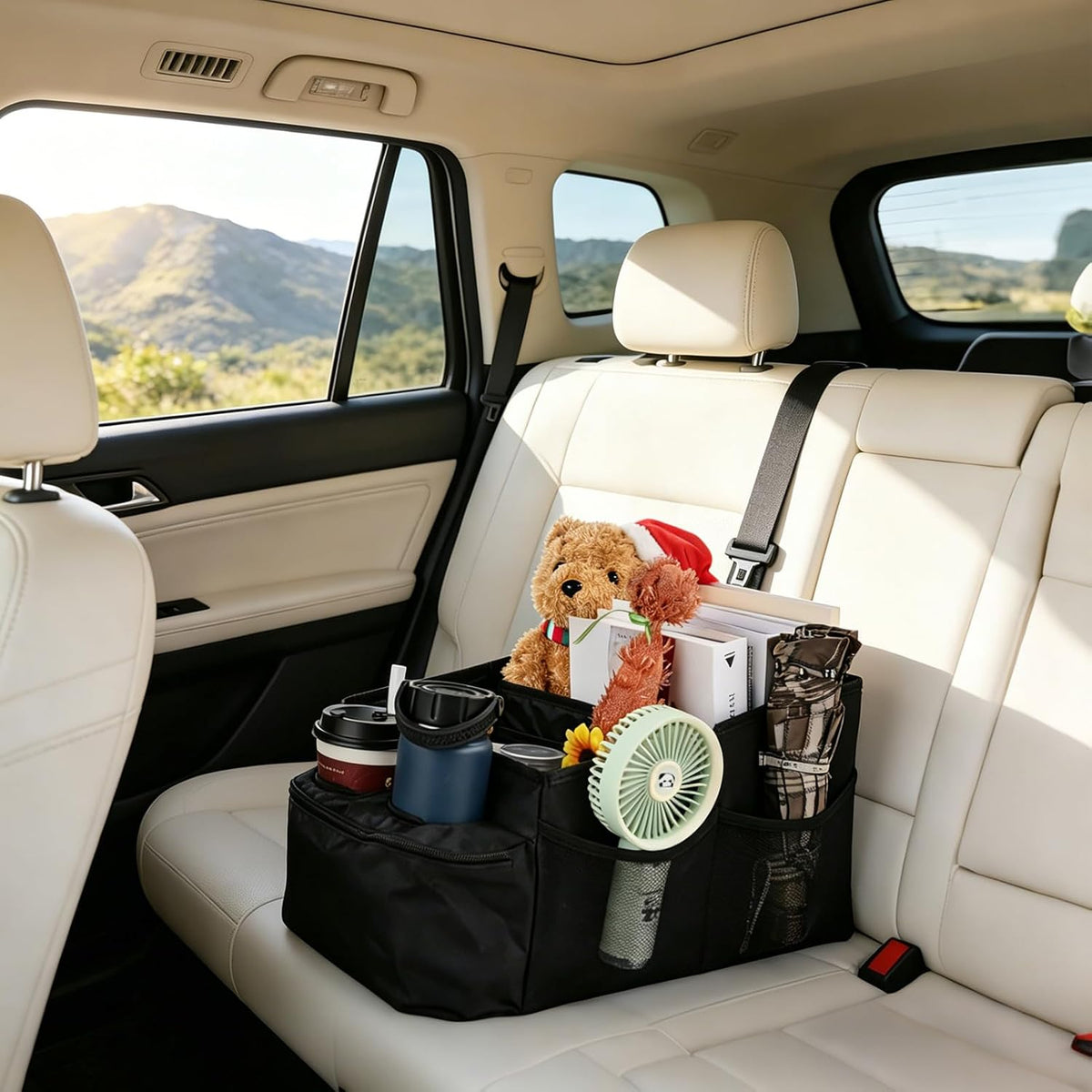 Car Seat Organizer Multi Pocket Backseat Organizer with Cup Holders, Collapsible Vehicle Storage Bag Secured to Front and Rear Seats via Seatbelt