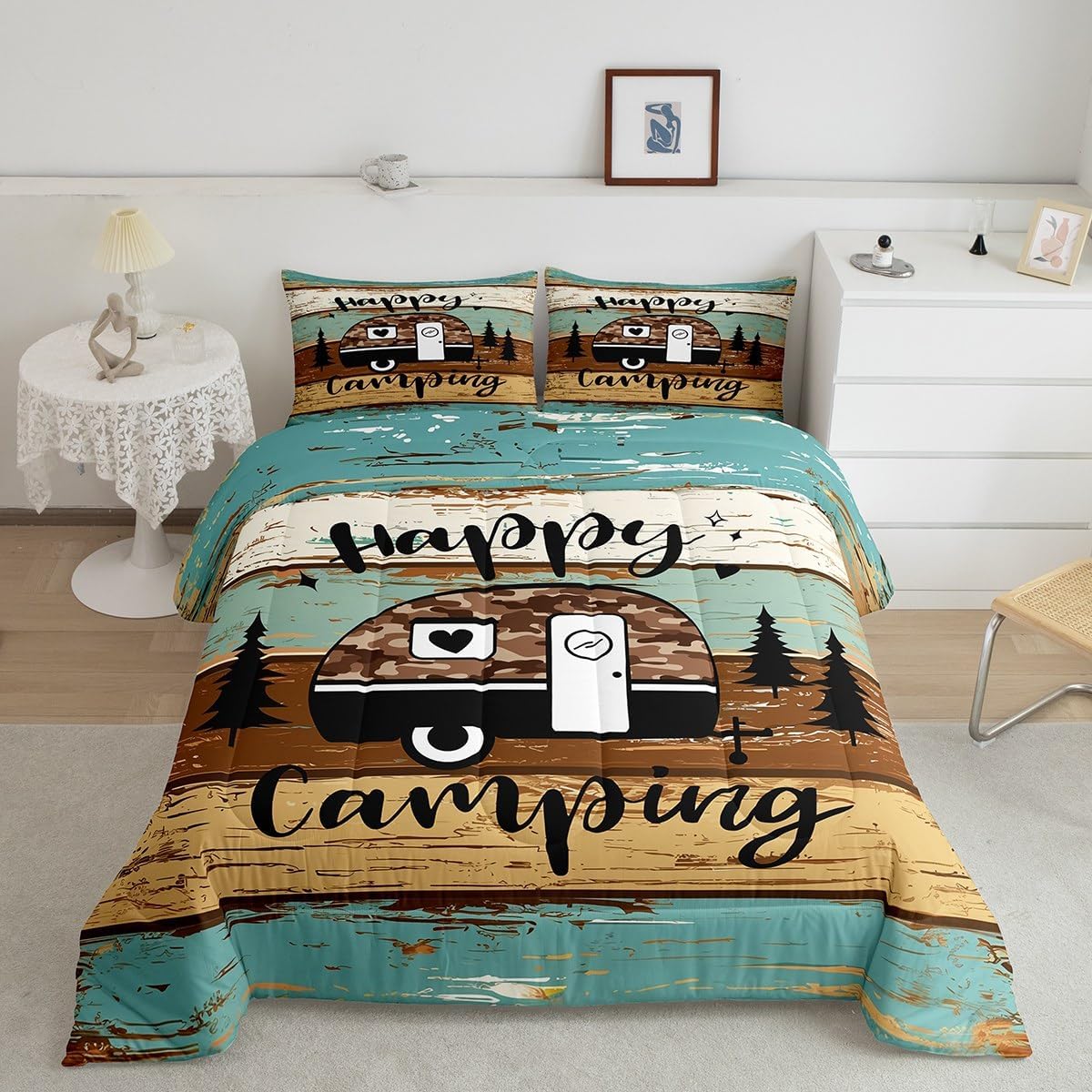 Manfei Rustic Adventure Camper Kids Comforter Set Twin Size,Happy Camping Farmhouse Cabin Lake House Bedding Set,Wooden Plank Pine Nature Quilt Comforter,Brown Retro Duvet Insert,1 Pillowcase