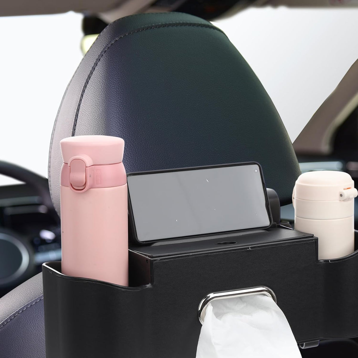 LemonRoad 2 Pack Multifunctional Car Seat Back Storage Box Car Seat Back Organizer with Tissue Box, 2 Drinks Cup Holders and Hooks for Hold Phone, Handbag, Fits for Most Cars(Black)