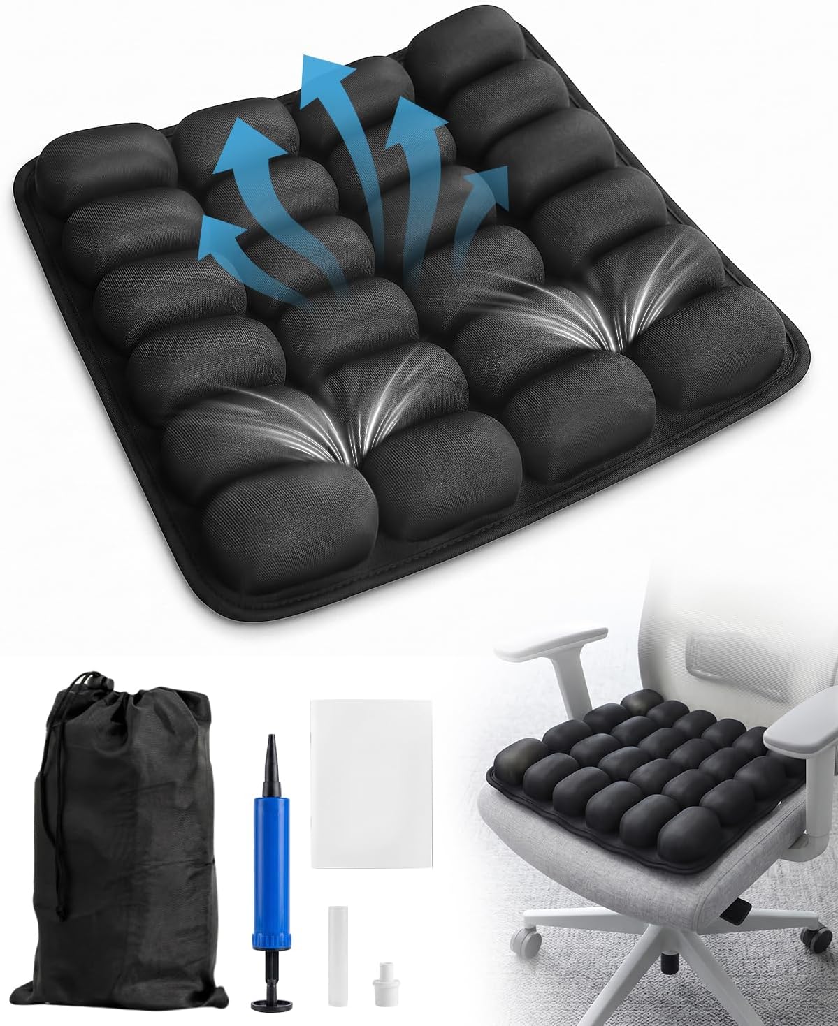 Inflatable Airplane Seat Cushion for Long Flights, 24-Cell Travel Cushion with Adjustable Firmness, Portable Waterproof Pressure Relief Seat Pad for Car, Train, Office, 16.9 x 16.9 in