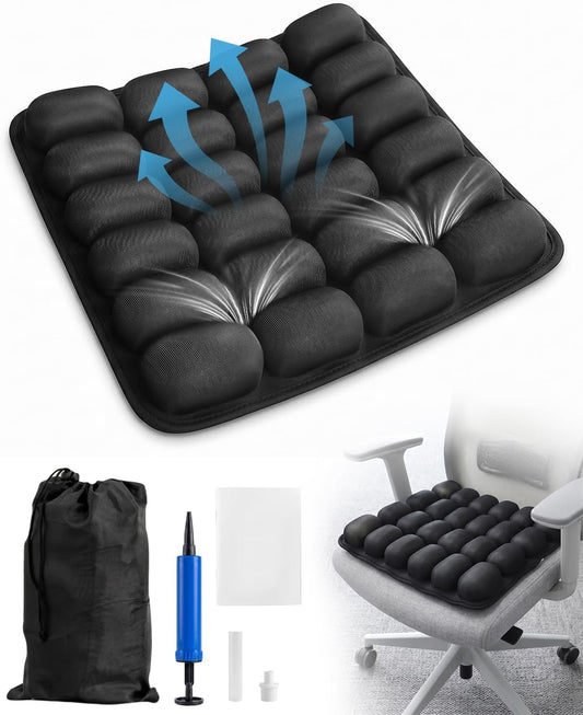 Inflatable Airplane Seat Cushion for Long Flights, 24-Cell Travel Cushion with Adjustable Firmness, Portable Waterproof Pressure Relief Seat Pad for Car, Train, Office, 16.9 x 16.9 in