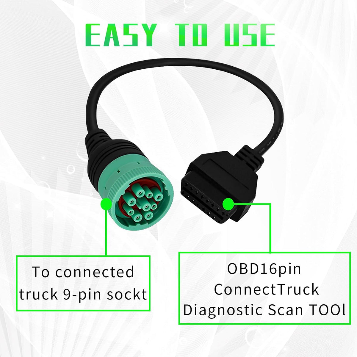 Green Type 2 J1939 9pin to OBD2 Cable Adapter for Heavy Duty Trucks