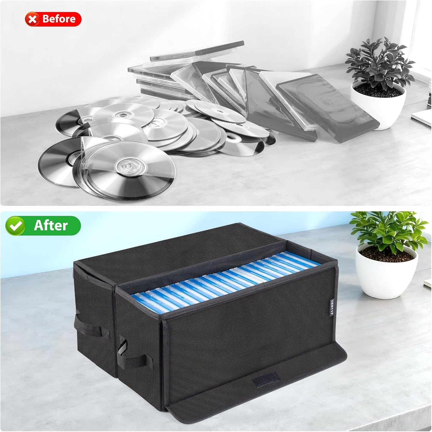 UENTIP DVD Storage Boxes-Pack of 2 DVD CD Case Storage, For Car Home Travel | DVD Holder, 17.25"x6.25"x8", Foldable Container with Lid, Holds 40 Full Jewel Case DVDs, 80 Slim Case DVDs, 200 Sleeved Discs
