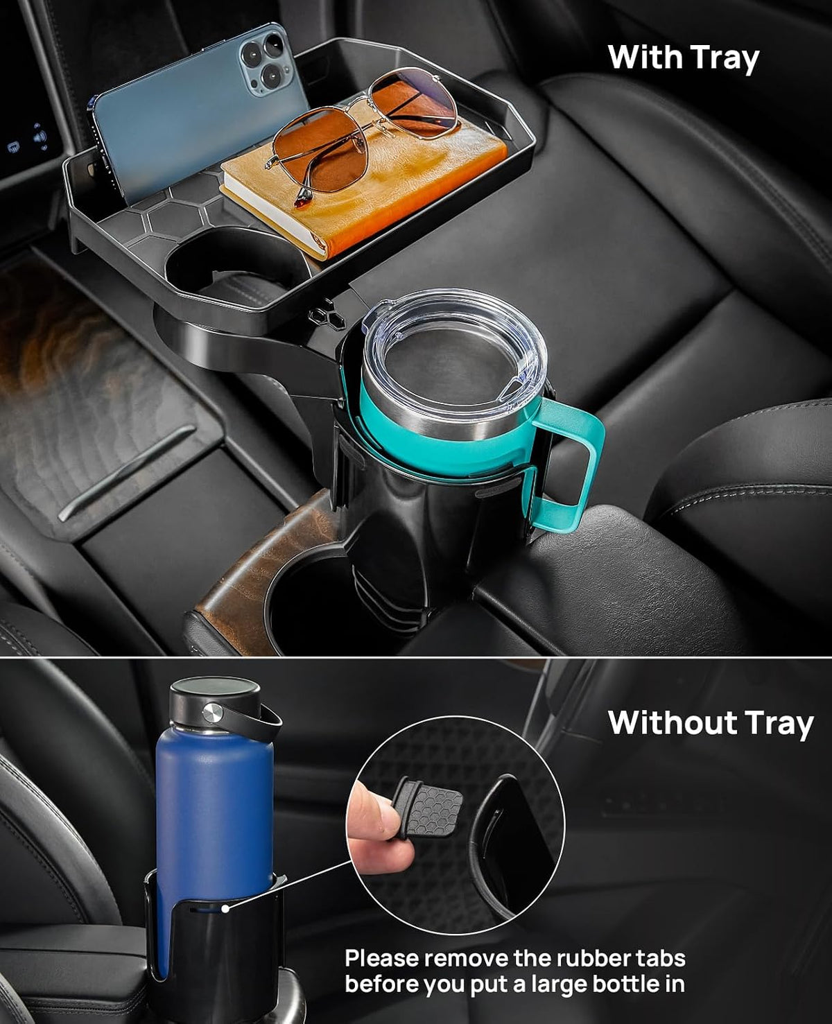 JoyTutus 2 Pack Cup Holder Tray for Car, Car Cup Holder Expander with 360°Rotation Tray, Large Cup Drink Holder Compatible with Yeti/Hydro Flask, Detachable Food Tray Table, Road Trip Essentials