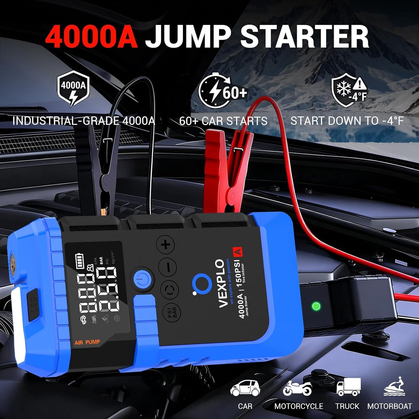 VEXPLO Jump Starter with Tire Inflator Portable Roadside Emergency Car Kit | 4000A Car Battery Jumper Start (9.0Gas/8LDiesel) 150PSI Auto-Off Tire Inflator 45W Fast Charger 8-in-1 Emergency Roadside Kit