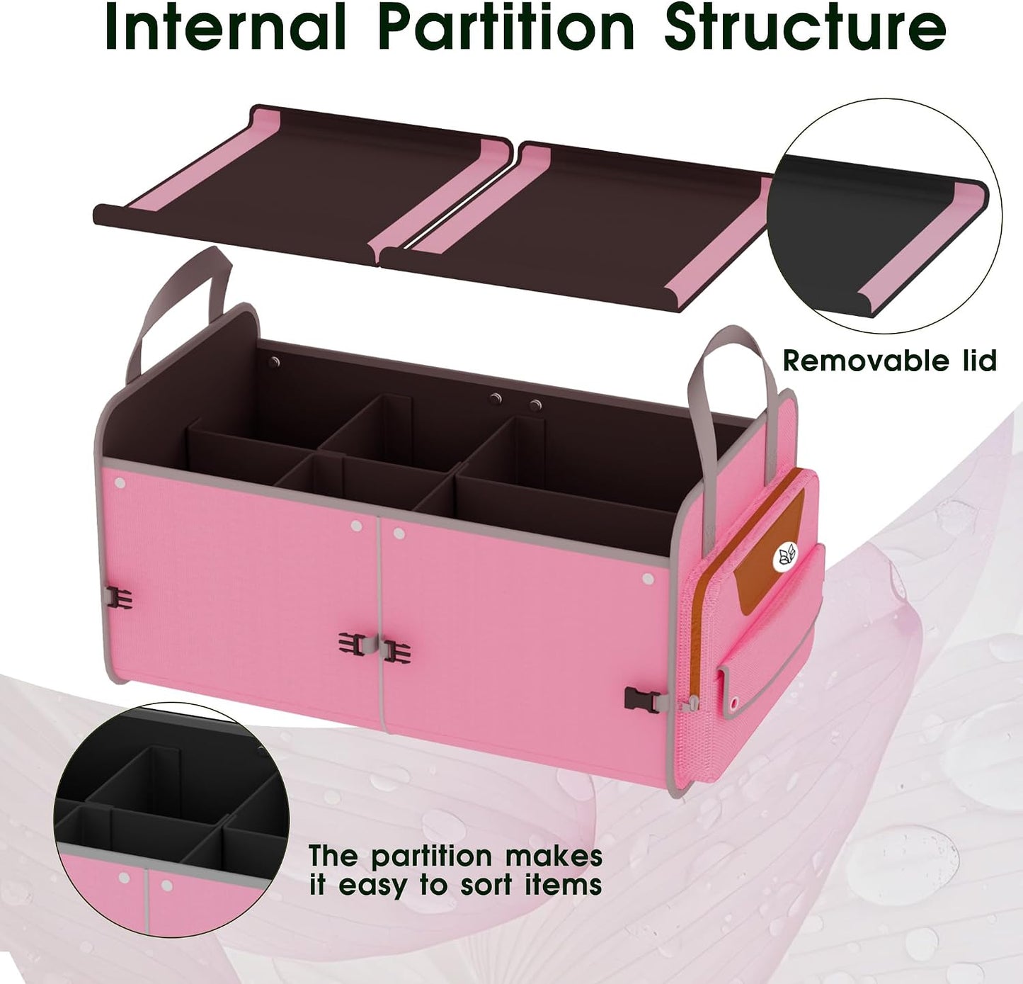 SugarFox Car Trunk Organizer for SUV, 70L Heavy Duty Waterproof Trunk Organizer, Foldable Vehicle Organizer with Anti-Slip Base, 24”x13.8”x11.8”, Pink-M003