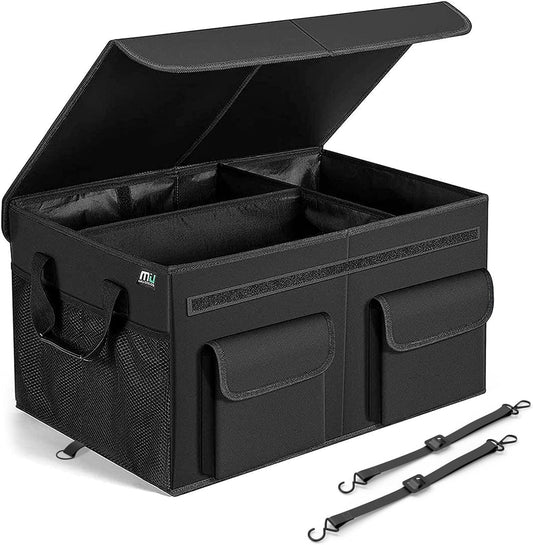 MIU COLOR Car Trunk Organizer with Lid, Collapsible Car Storage Organizer with Reinforced Leather Handles, Non-Slip Bottom, Trunk Organizer for SUV, Van, Jeep (Black with Strap, Extra Large)