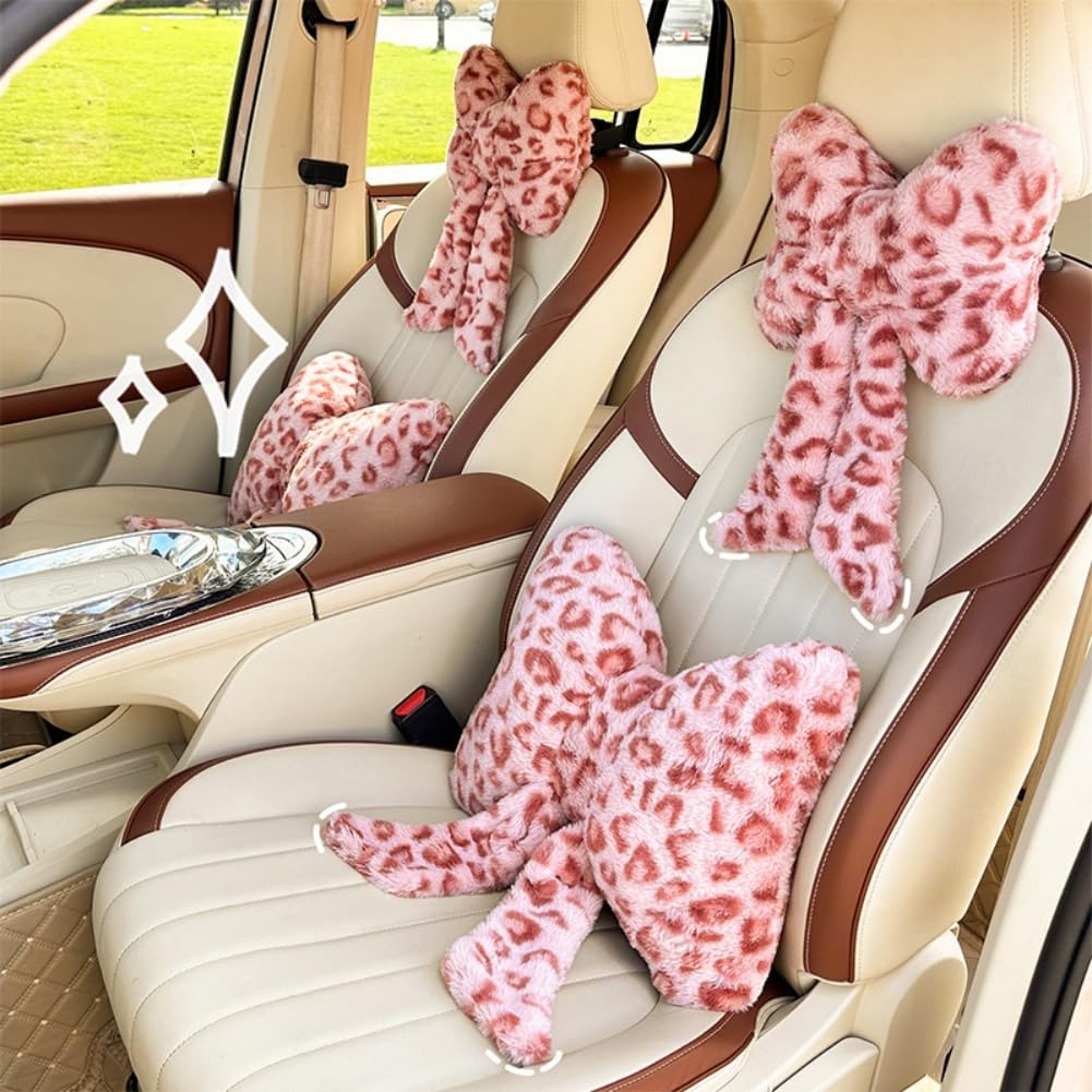 LYFJMUS 4 Pack Plush Bow Car Headrest Pillow and Lumbar Support Pillow Soft Butterfly Car Neck Pillows for Driving Cars Decor (Pink Leopard)