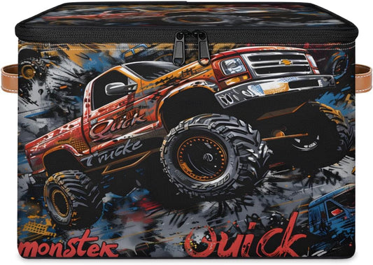 Storage Bin with Lid, Stackable Closet Storage Bins, Cool Trucks Decorative Bedroom Organizer Box, Lidded Baskets Living Room Storages Boxes Cube Organizer, Cute Container with Handles