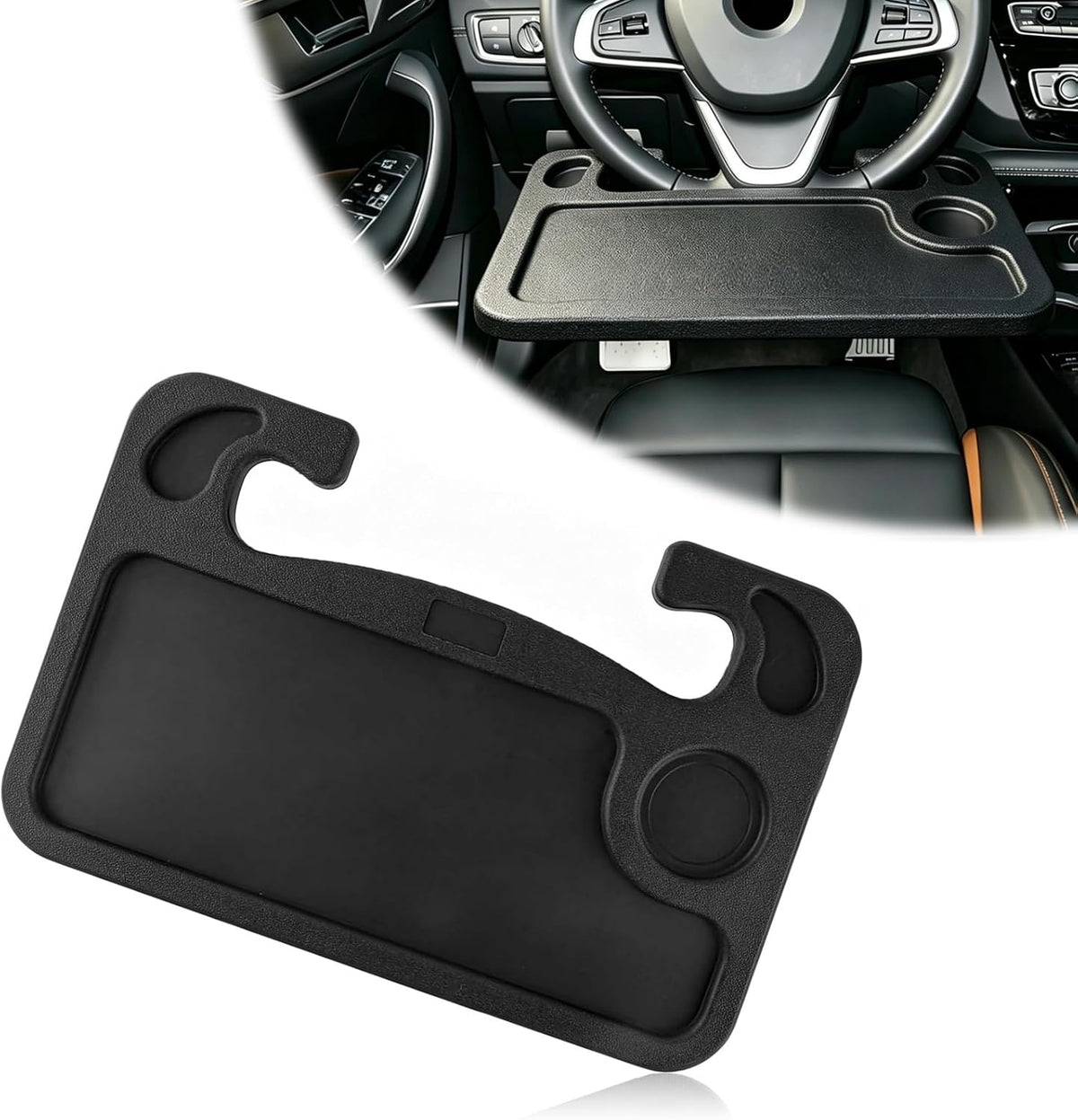 Multipurpose 2 in 1 Car Steering Wheel Desk Tray Laptop Mount and Food Table for Eating with Drink and Pen Holder Compatible with Most Vehicles (Black)