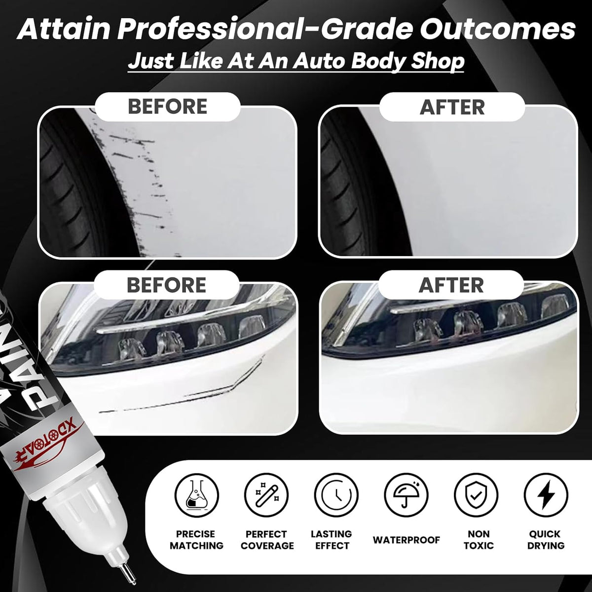 White Car Paint Touch Up Pen, Color Accurate Touch Up Paint for Cars, Professional Automotive Scratch Repair, Lasting Auto Scratch Remover, Fast Dry, Easy to Use, Safe and Washable, Versatile Use
