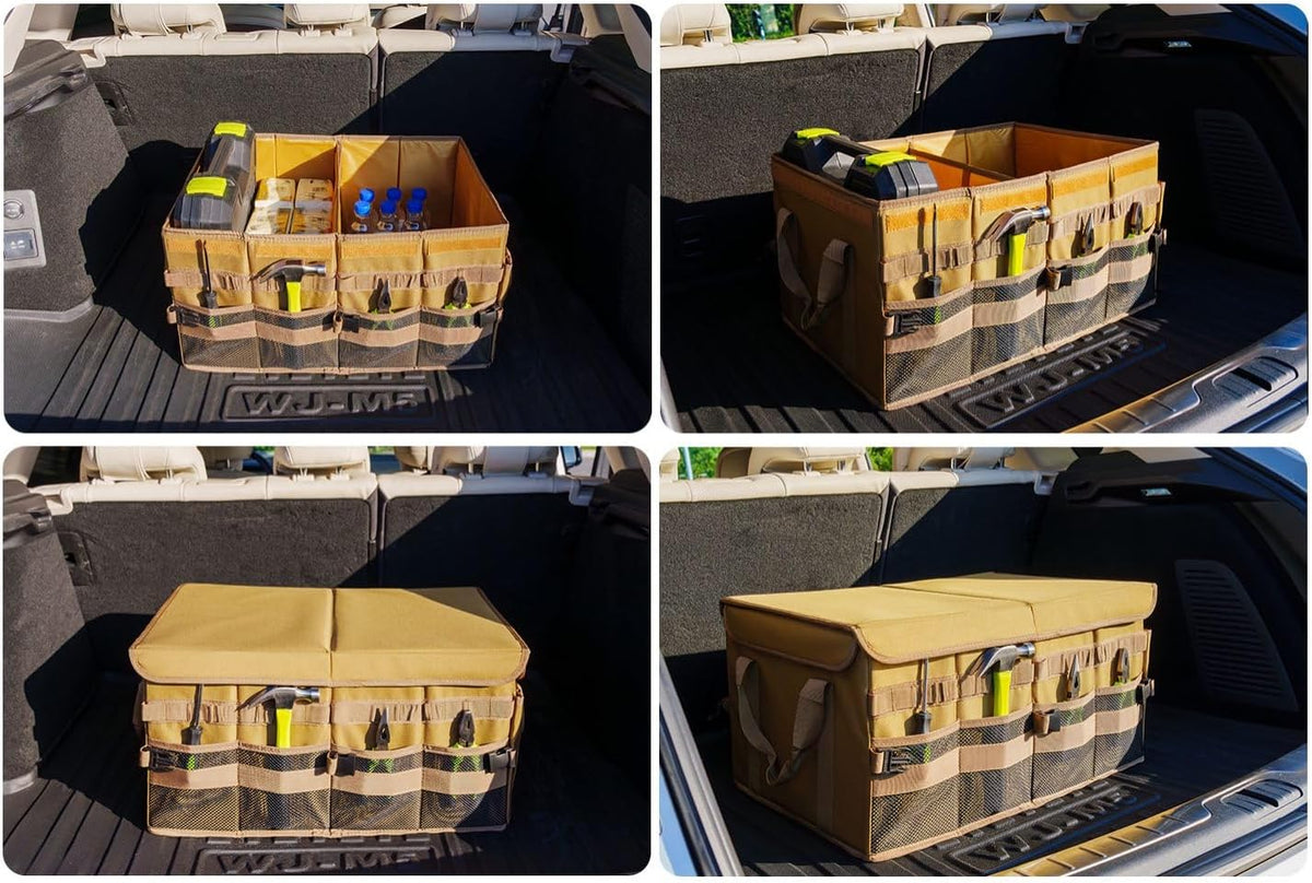 Large 70L SUV Trunk Organizer, Trunk Organizer With Lid, Foldable Cargo Storage Box, Brown, 4-Compartments With Handle, Universal for Car Sedan Truck Camping Grocery Shopping Travel