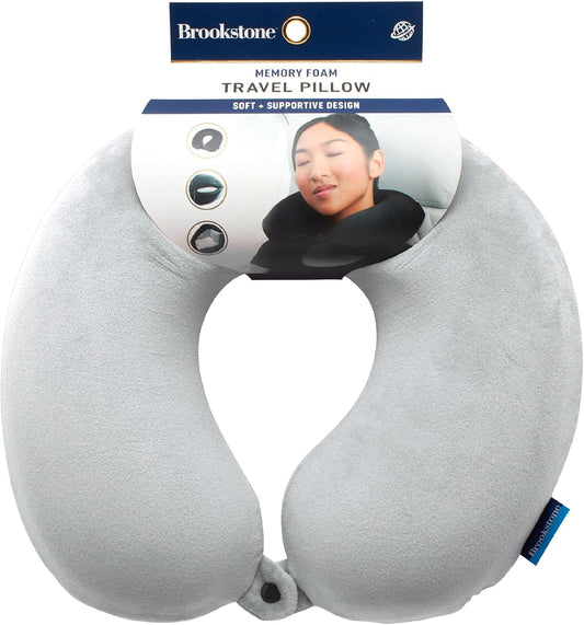 Brookstone Travel Neck Pillow - Lightweight U-Shaped Memory Foam Travel Pillow for Airplane, Car Travels & Sleeping, Grey