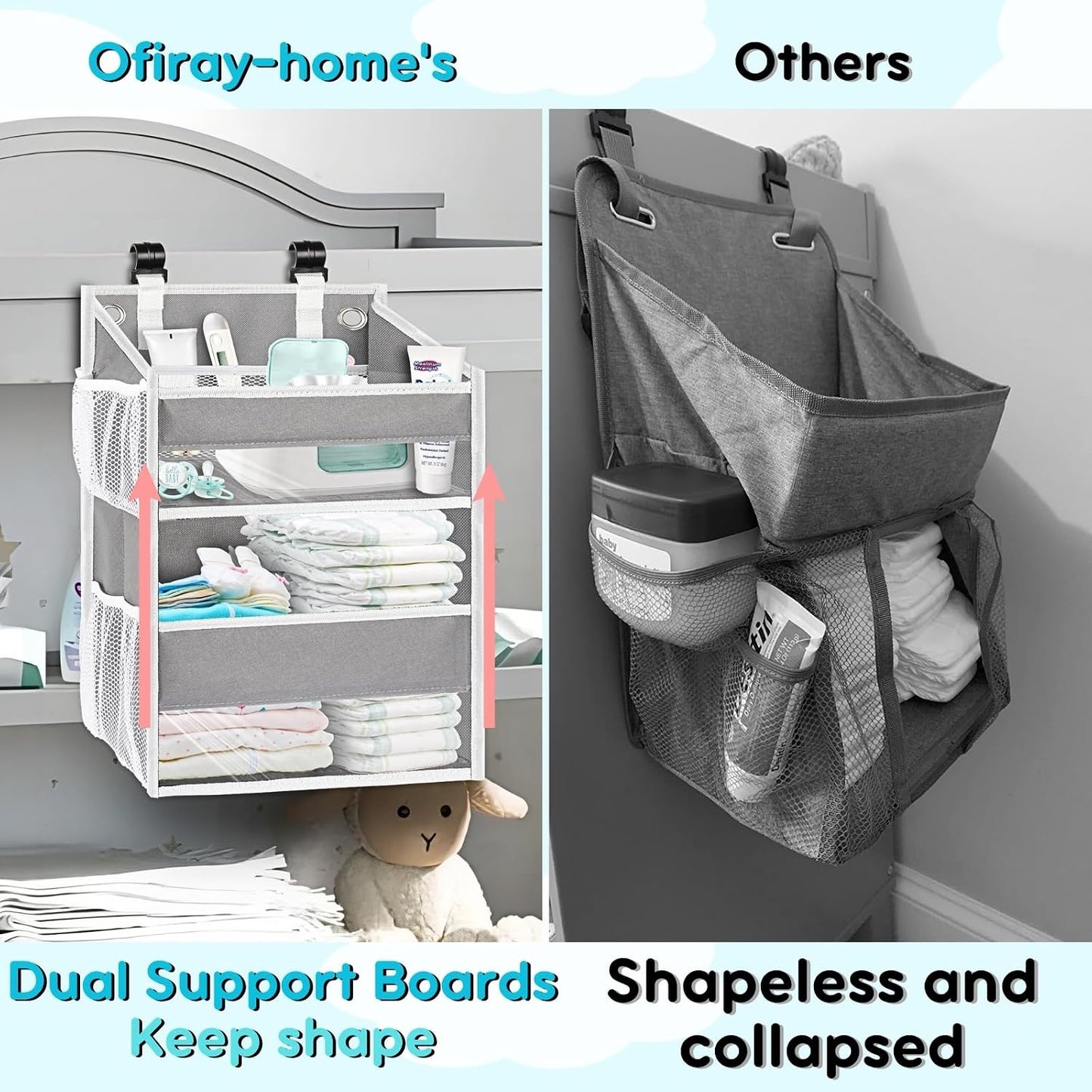 Hanging Diaper Organizer, 2 Tier Hanging Diaper Caddy, Holds 90+ Diapers | Durable Diaper Organizer for Changing Table,Cribs,Car,Playard or Wall & Nursery Organization, 4 Mesh Pockets, Won't Deform