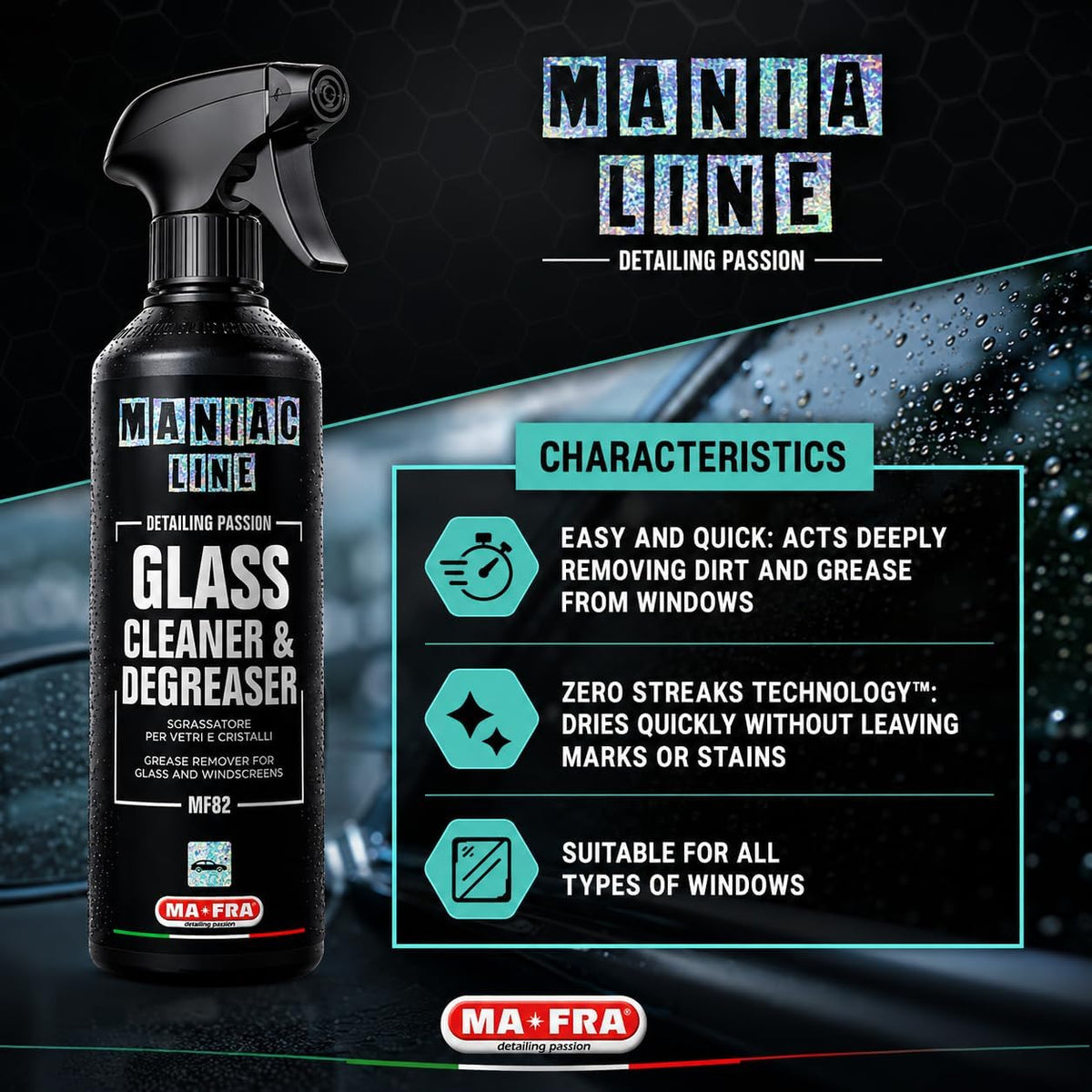 MANIAC LINE MAFRA Glass Cleaner & Degreaser | Ammonia-Free Window & Crystal Cleaner | Safe on Tinted Glass | Removes Limescale, Grease & Road Film | Streak-Free Finish | 16.9 Fluid Ounce Bottle