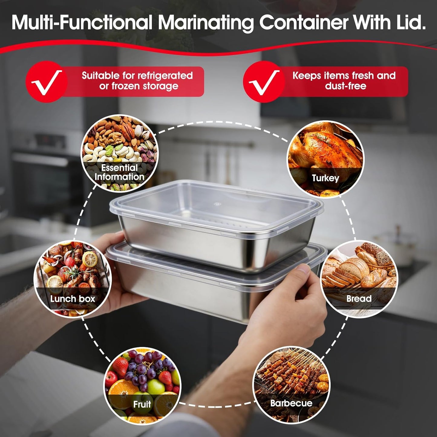 7-in-1 Stainless Steel Grill Prep Trays & Carry System, Large Lidded Marinating Containers with Cutting Board & 2 Food Storage Containers with Lids, Stackable BBQ Grill Accessories for Outdoor Cooking
