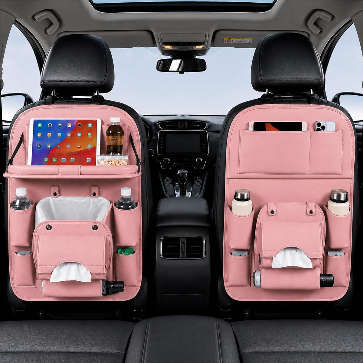 Car Backseat Organizer with Foldable Table Tray, PU Leather Seat Back Organizer with Trash Bin, Tablet Holder, Kick Mat Protector, Back Seat Storage for Cars, Pink