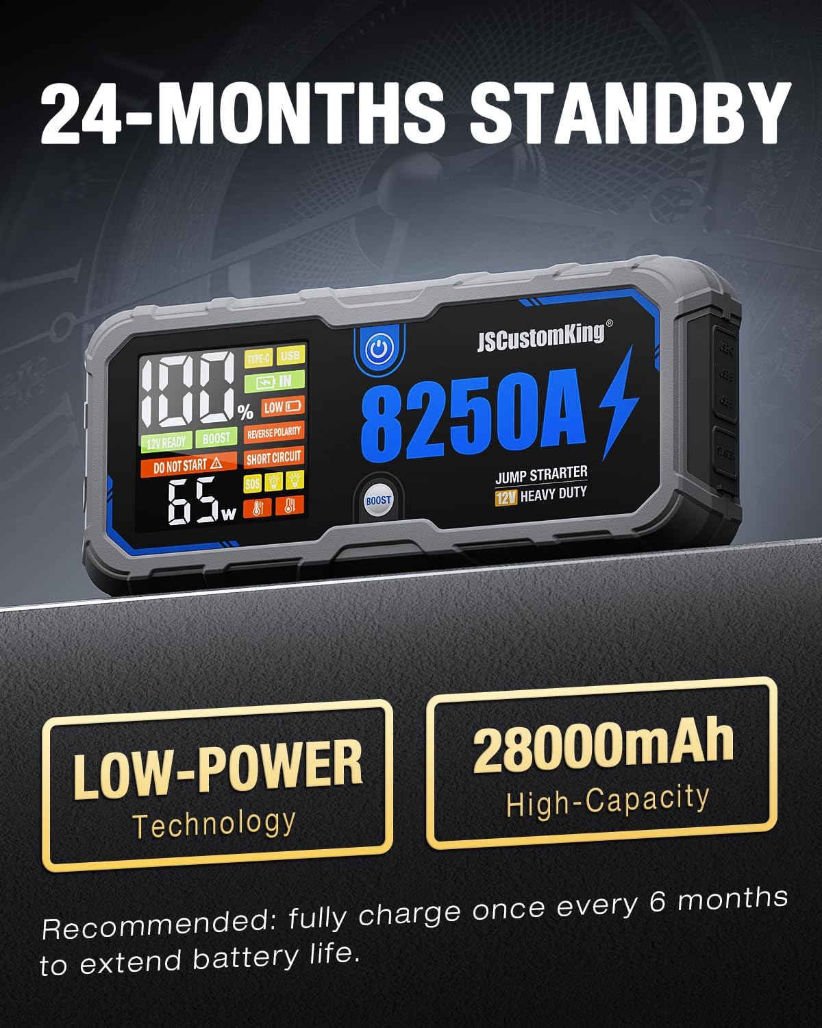 8250A Jump Starter Battery Jump Starter Battery Pack with PD-65W (for All Gas or 10.0+L Diesel), 12V Potable Car Jump Start with 4.01 inch HD Screen, 2 USB Power Bank 24-Months Stand-by Time