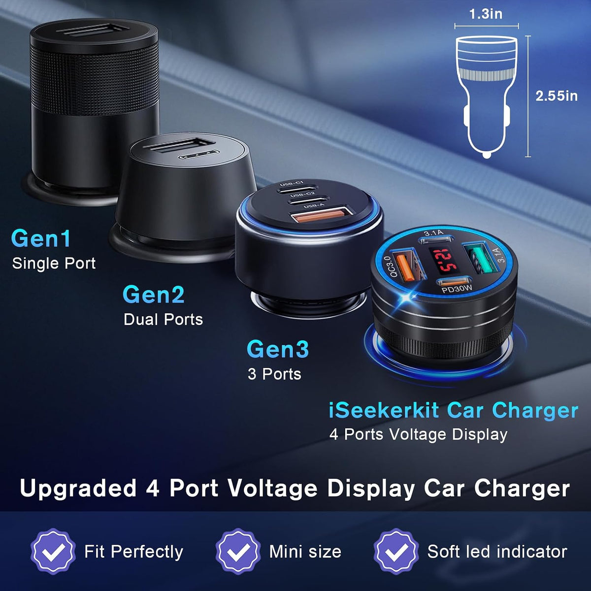 USB C Car Charger, 65W 4-Port Voltage Display Cigarette Lighter USB Charger