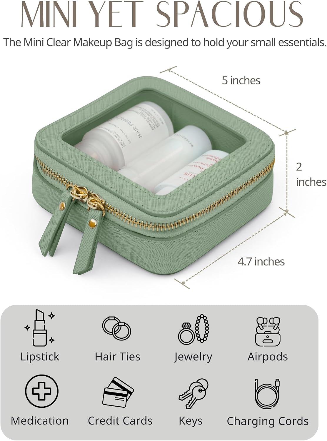 Popvibe Clear Makeup Bag with Zipper, Set of 2, Mini and Medium, Sage Green