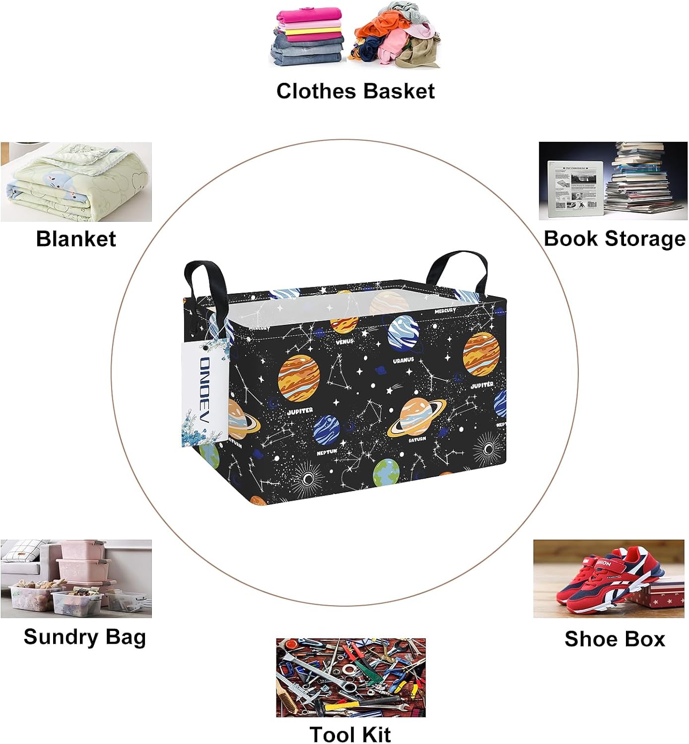 Rectangular Solar System Planet Storage Bin, Closet Organizer Basket | Moisture repellent textile, reinforced carry grips, collapsible holder tidies cabinet and teenage bedroom belongings