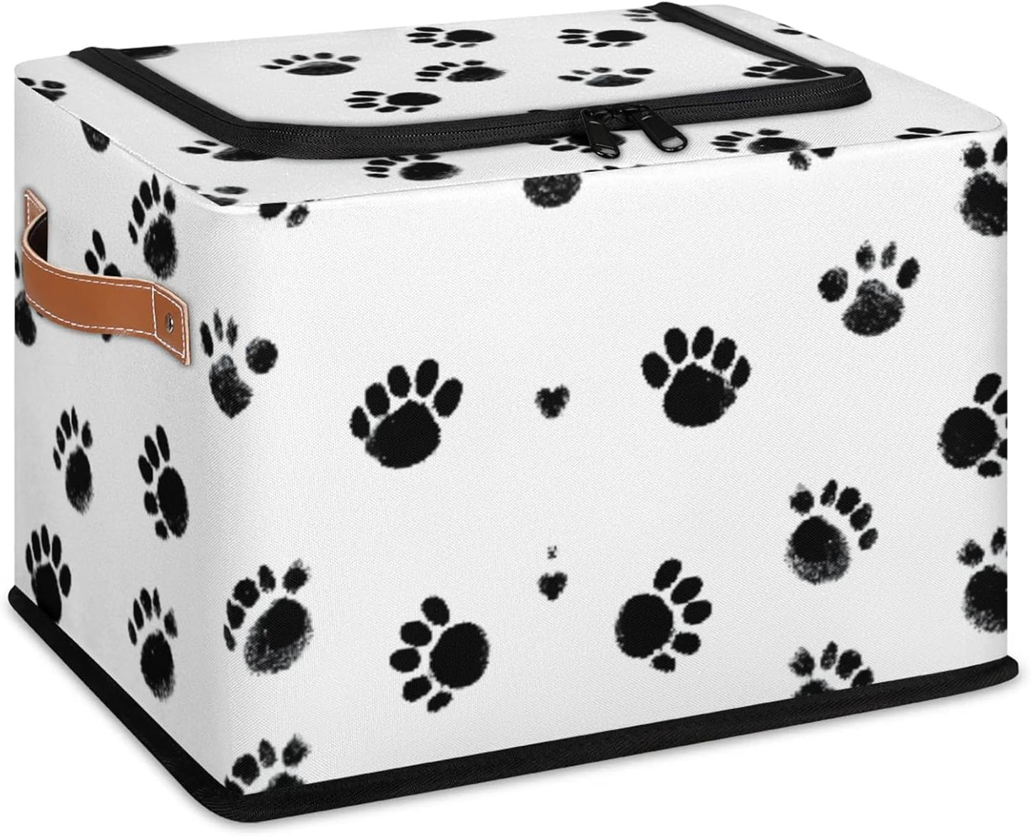 Dogs Footprints Storage Bins With Zipper Lid, Collapsible Trunk Organizer, Car Organizers and Storage Bins with Lids, Decorative Storage Boxes with Handle, Home Storage Baskets for Organizing