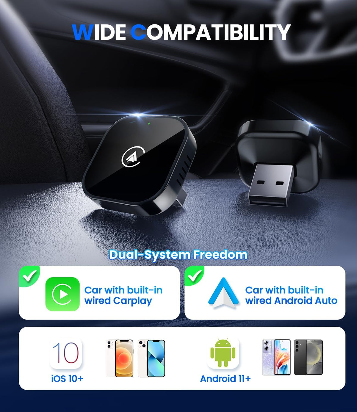 Teeran 2 in 1 Wireless CarPlay and Android Auto Adapter