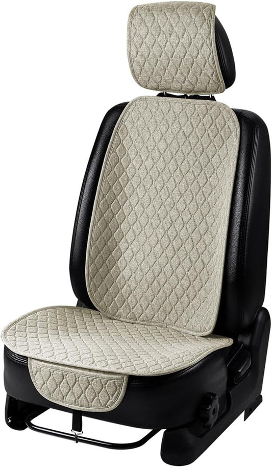 1 Pack Linen Car Seat Cover Front Seat Covers Soft & Breathable Front Premium Covers with Non-Slip Protector Universal Fits Most Automotive, Vans, SUVs, Trucks (1Pack Beige)