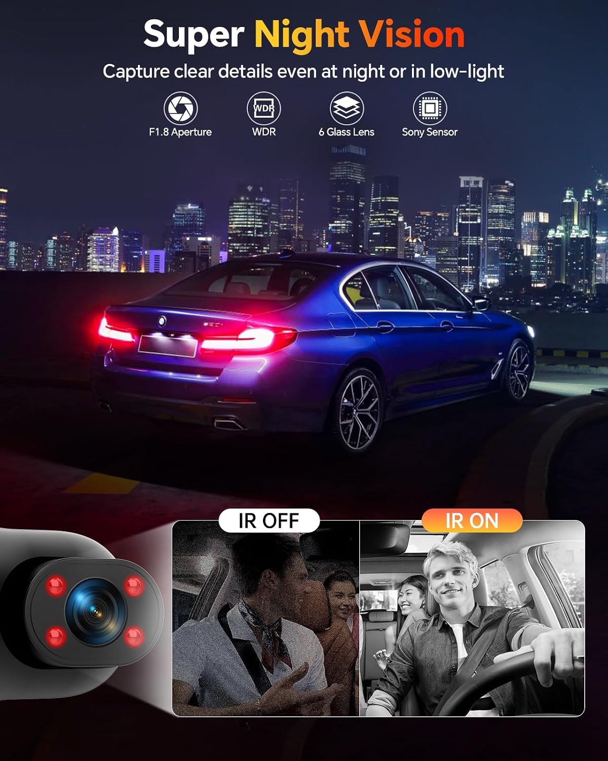 3 Channel Dash Cam Front Rear Inside, 1080P Car Camera with 64GB Card