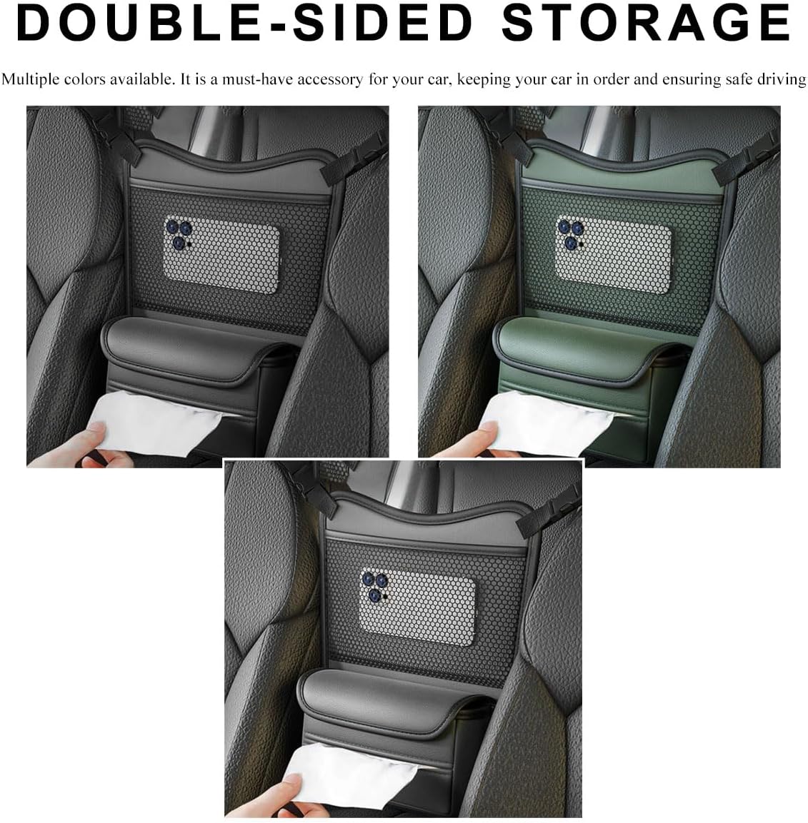 Car Organizer Storage Between Seats, Leather Car Console Hanging Storage Organizer with Mesh Pocket Tissue Box, Multi-Functional Large Capacity Headrest Holder Bag for Purse Snack (Gray)