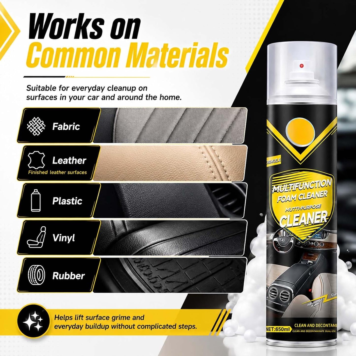 Multifunctional Foam Cleaner Spray for Car Interior & Home Surfaces, Multi-Surface Cleaning Foam for Fabric, Finished Leather, Plasticwith Sponge and Towel, 650ml (1)