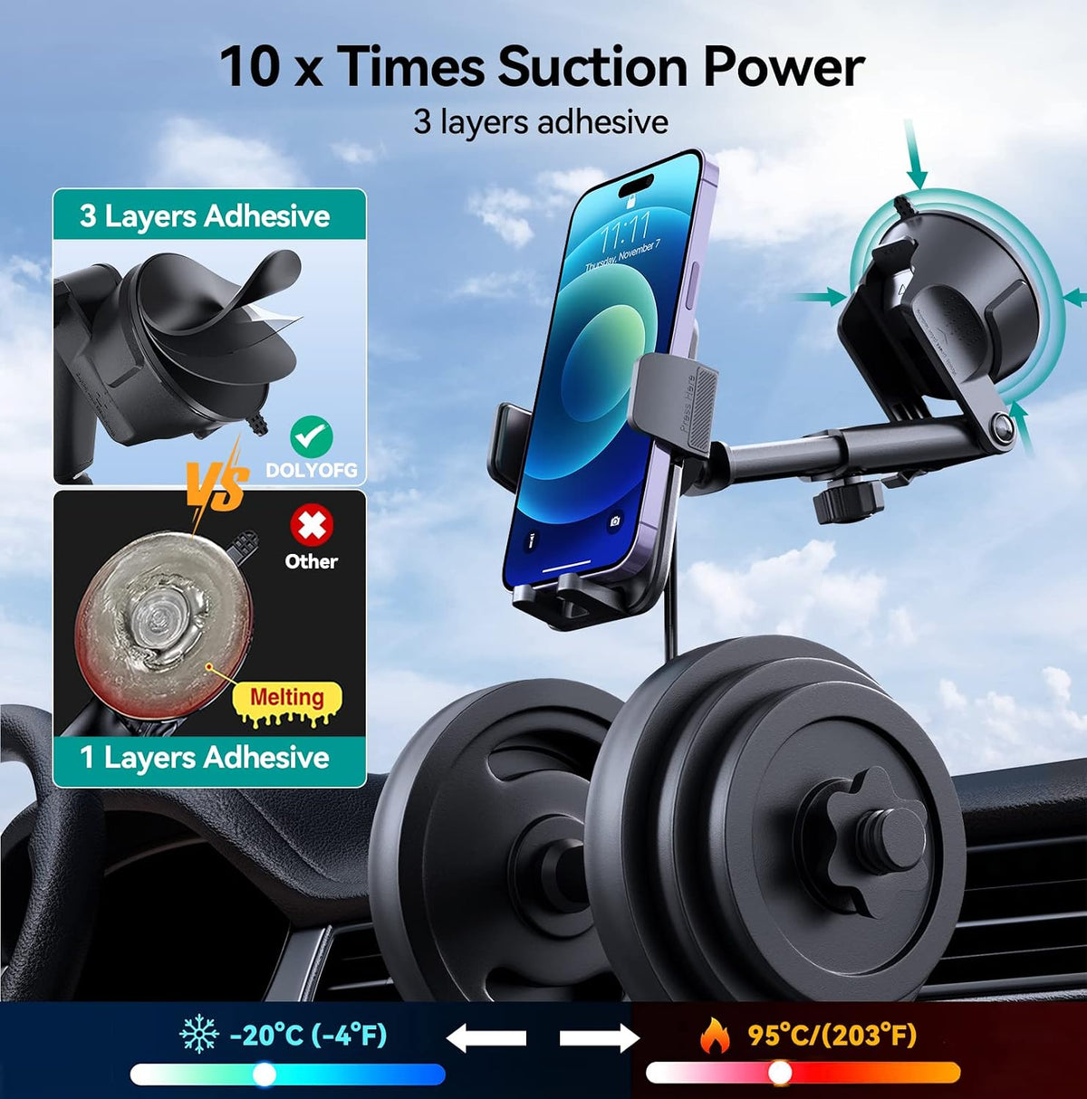 DOLYOFG Car Phone Holder Mount, [Military-Grade Suction & Super Sturdy Base] 3 in 1 Universal Phone Mount for Car Dashboard Windshield Air Vent Dash Pad Car Mount for iPhone Android Smartphone