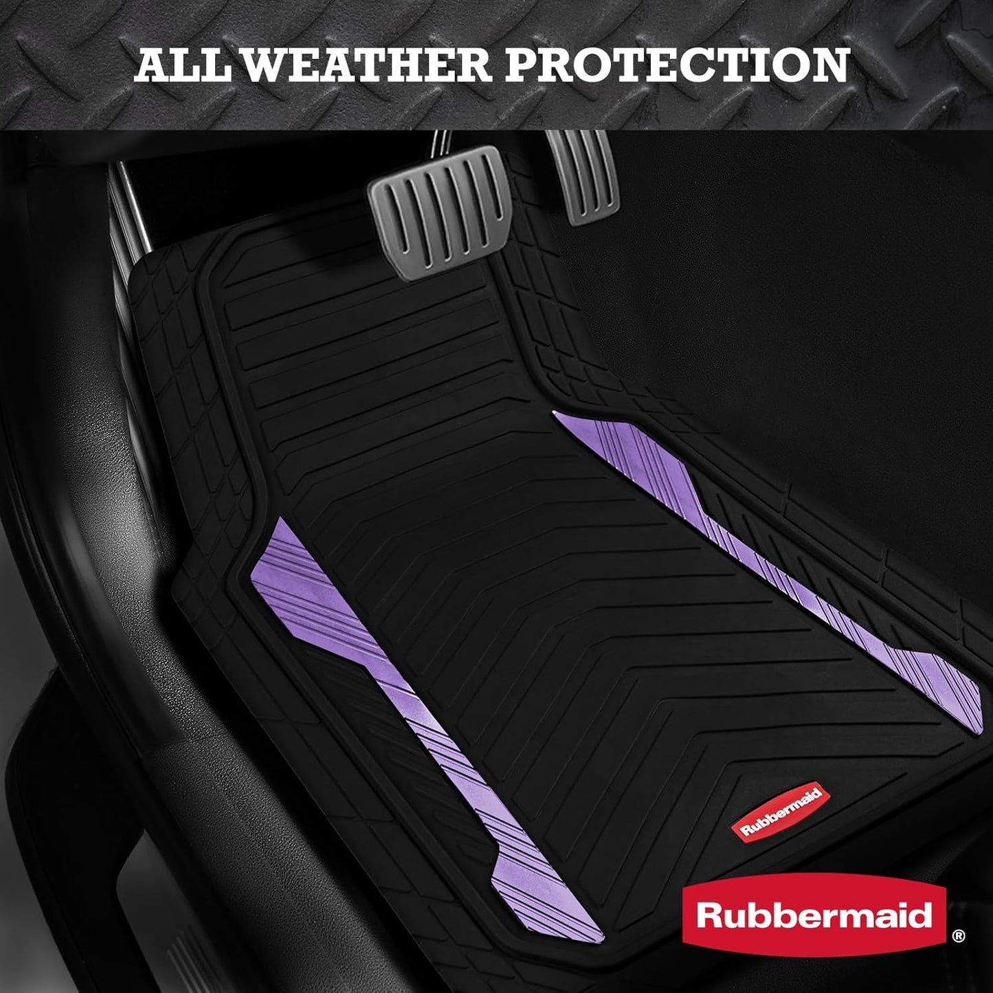 Rubbermaid Car Floor Mat, Heavy Duty All-Weather Car Mats Full Set with Dual-Tone Purple Aluminum Inserts – Universal Fit, Anti-Slip Backing, Trim-to-Fit for Most SUV, Sedan, Van