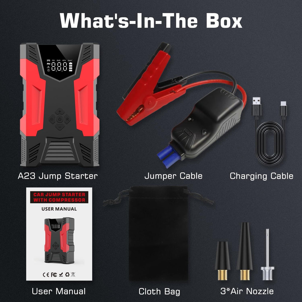 Car Jump Starter with Air Compressor, 3000A Peak Portable Battery Built-in Air Compressor and Air Hose, 150PSI Tire Inflator Up to 7.0L Gas/5.0L Diesel USB QC 3.0 10000mAh Power Bank, LED Flashlight