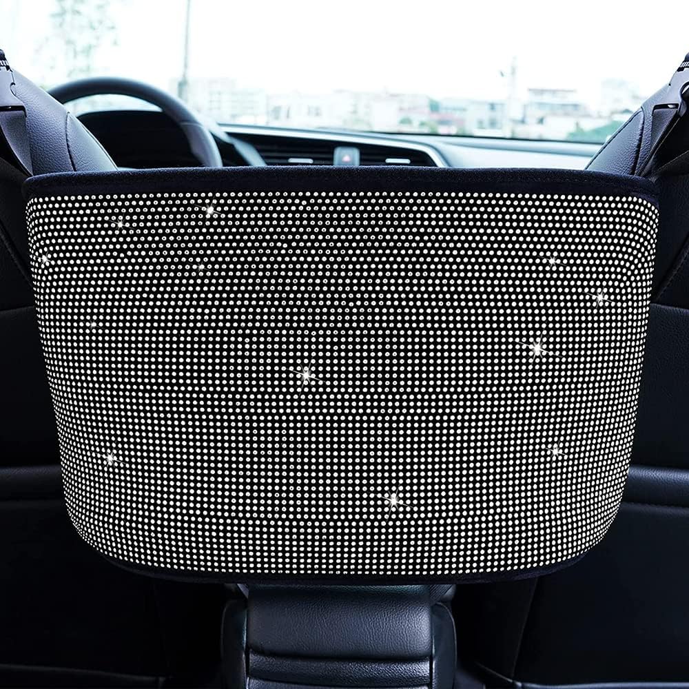 Car Net Pocket Handbag Holder Between Seat Back Organizer, Purse Holder for Console Front Seat Storage Barrier, Rhinestone Car Storage Organizer Between Front Seats, White