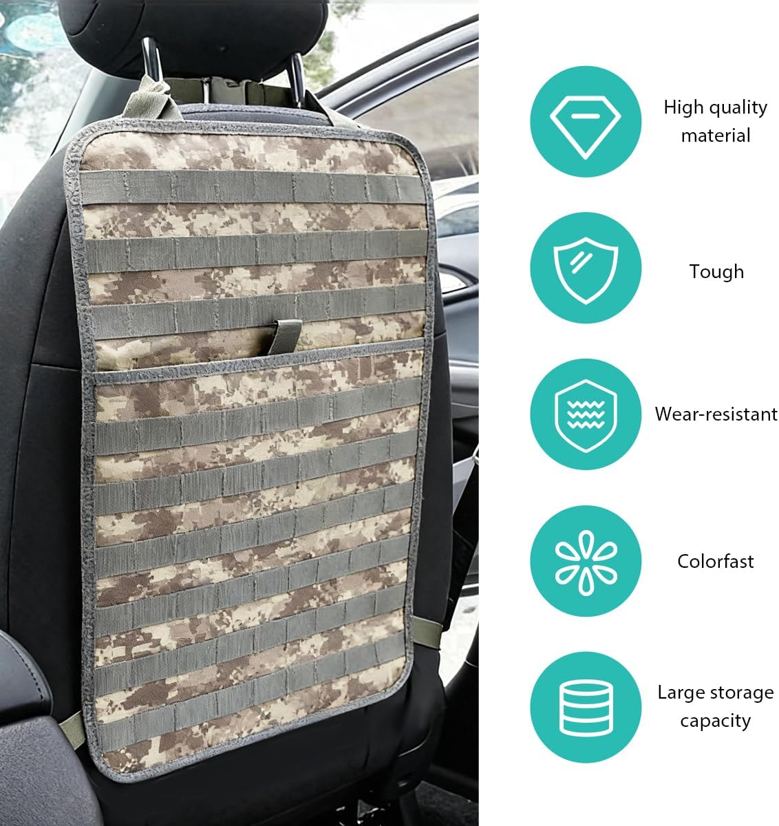 2 PCS Car Seat Back Organizer, Tactical MOLLE Sag Proof Vehicle Panel Backseat Cover Protector, Universal Molle Nylon Storage Bag Seat Back Hanger Pad for Car Truck SUV Pickup (Camouflage ACU)