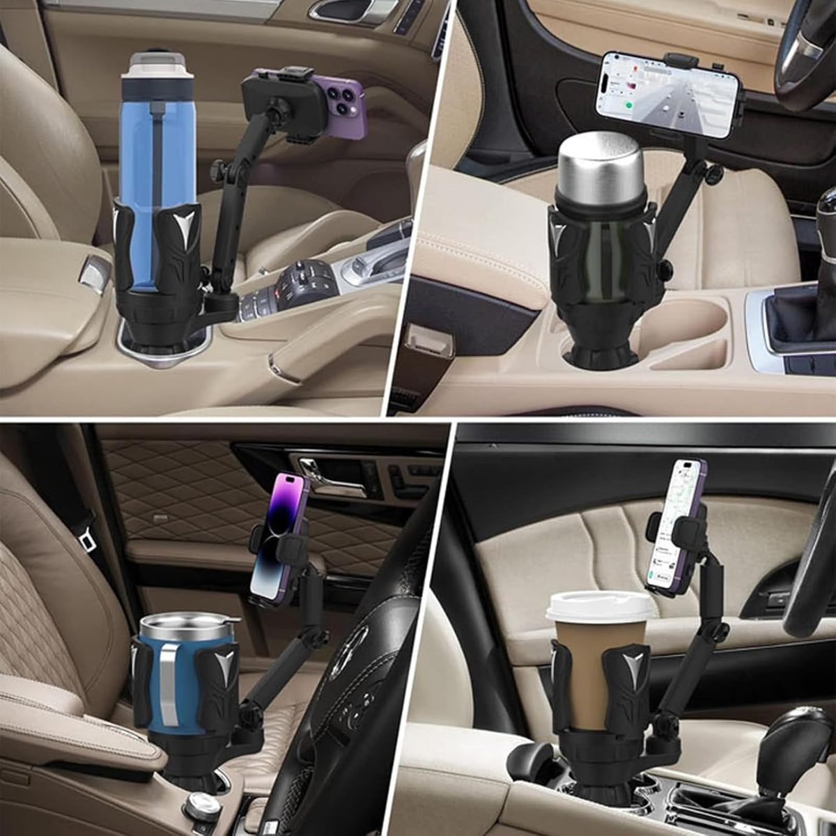 3-in-1 Car Cup Holder Expander with Adjustable Phone Mount – Universal Spill-Proof Bottle Holder & 360° Rotating Phone Stand for Large Drinks and Smartphones up to 4.1 Inches