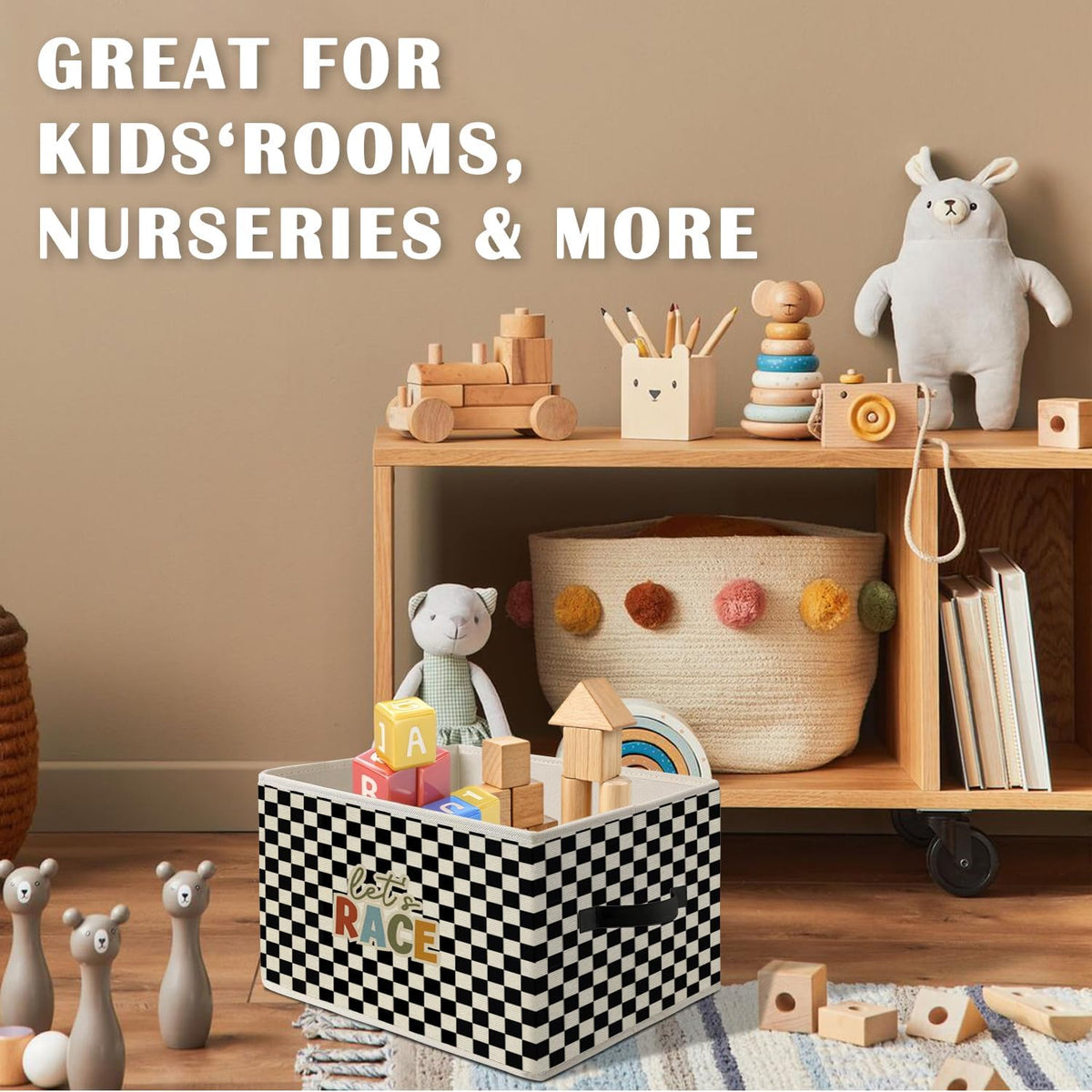 Race Car Room Decor,Playroom Storage Bins Box | Let's Race Checkered Foldable Collapsible Storage Basket Organizer for Kids Boy Nursery Bedroom Toys Books Clothes