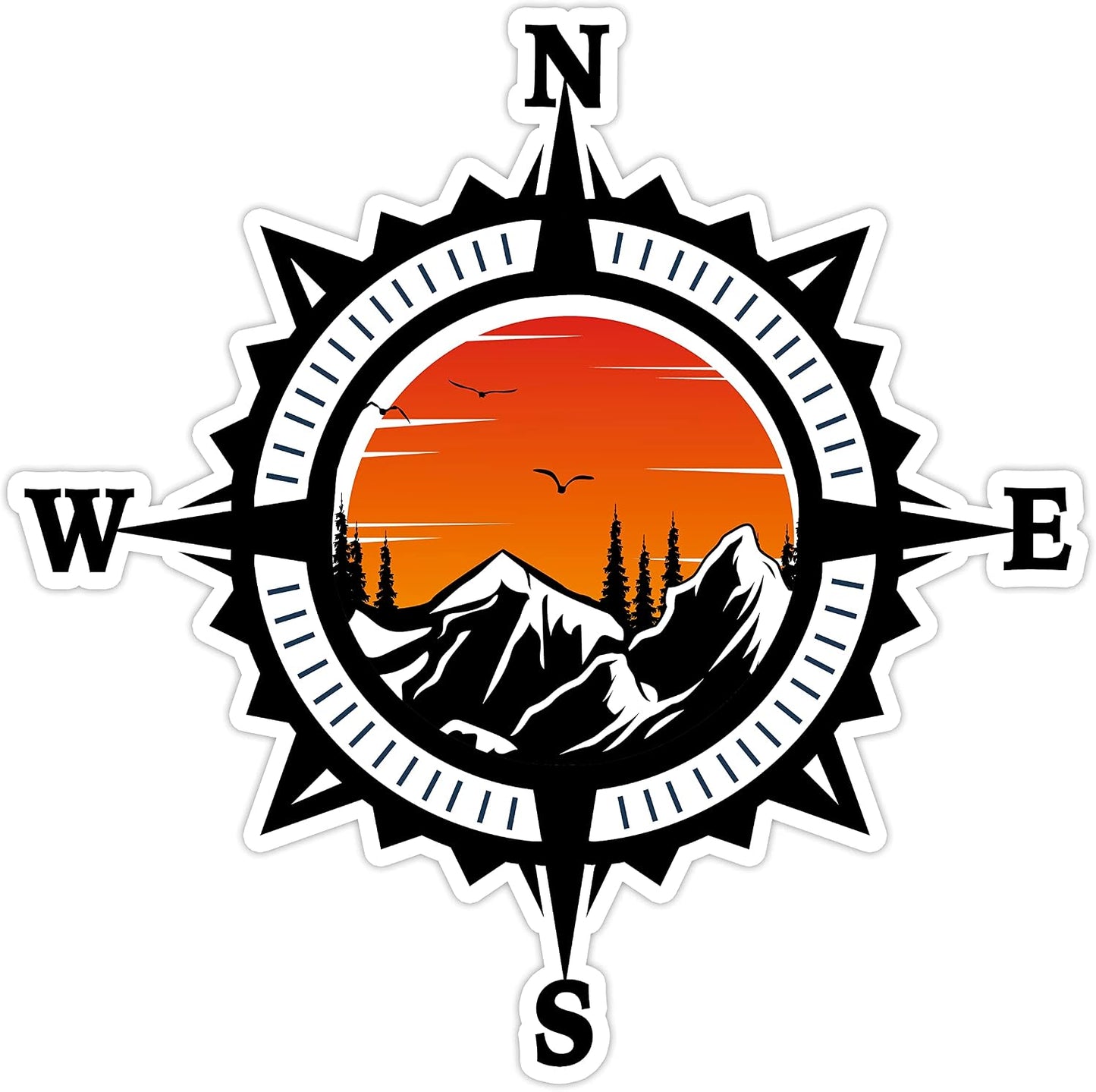 Compass Trees Mountain Sunset Sticker for Car Vinyl Decal Truck Window Bumper Motorcycle Stickers (12" x 12")