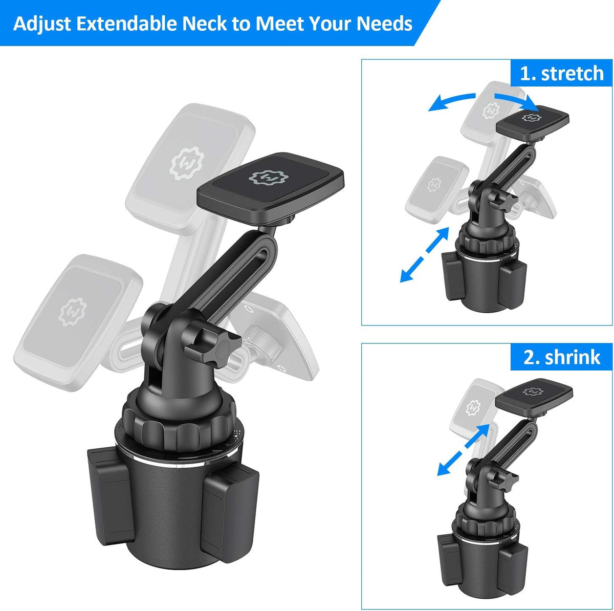 Magnetic Cup Holder Phone Mount – Universal Car Mount with Adjustable Base and Extendable Arm, Compatible with All Smartphones