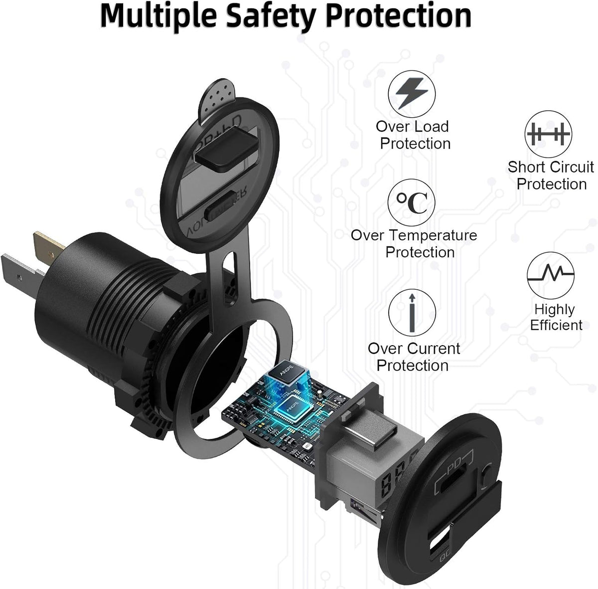 USB C Car Charger Socket, Qidoe 12V/24V Dual USB Outlet PD3.0 & QC3.0 Car USB Port with LED Voltmeter and ON/Off Switch DIY Car Socket for Car Boat Marine Bus Truck Golf RV Motorcycle